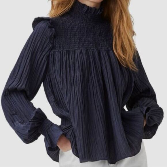French Connection Women’s Blue Boza Smock Neck Regency Whimsygoth Witchy Top XS - Picture 1 of 10